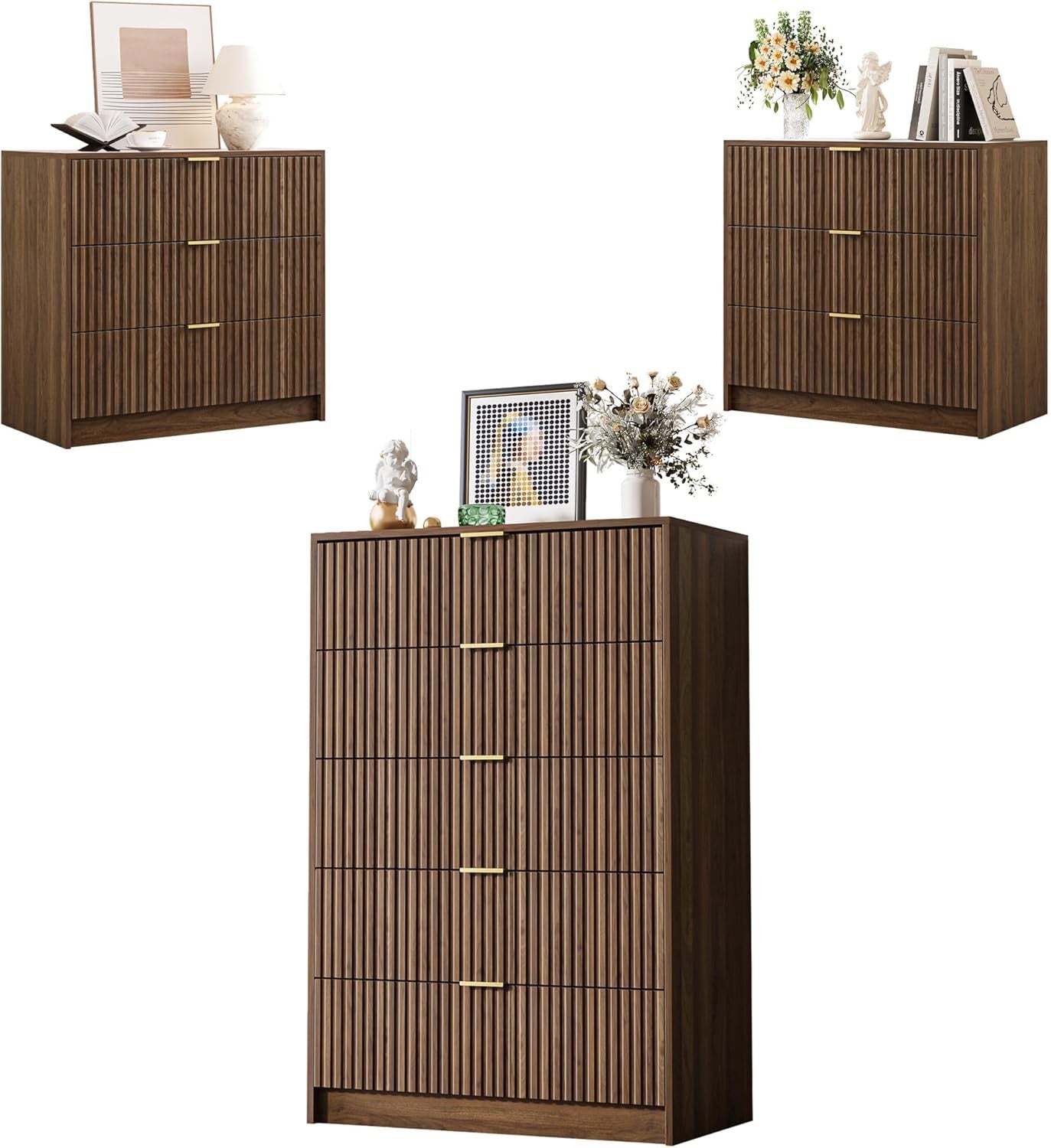 MAISONARIA Walnut 3-Piece Living Room Set | 5 Drawer Dresser + 2 Nightstands | Hidden Handle Modern Storage