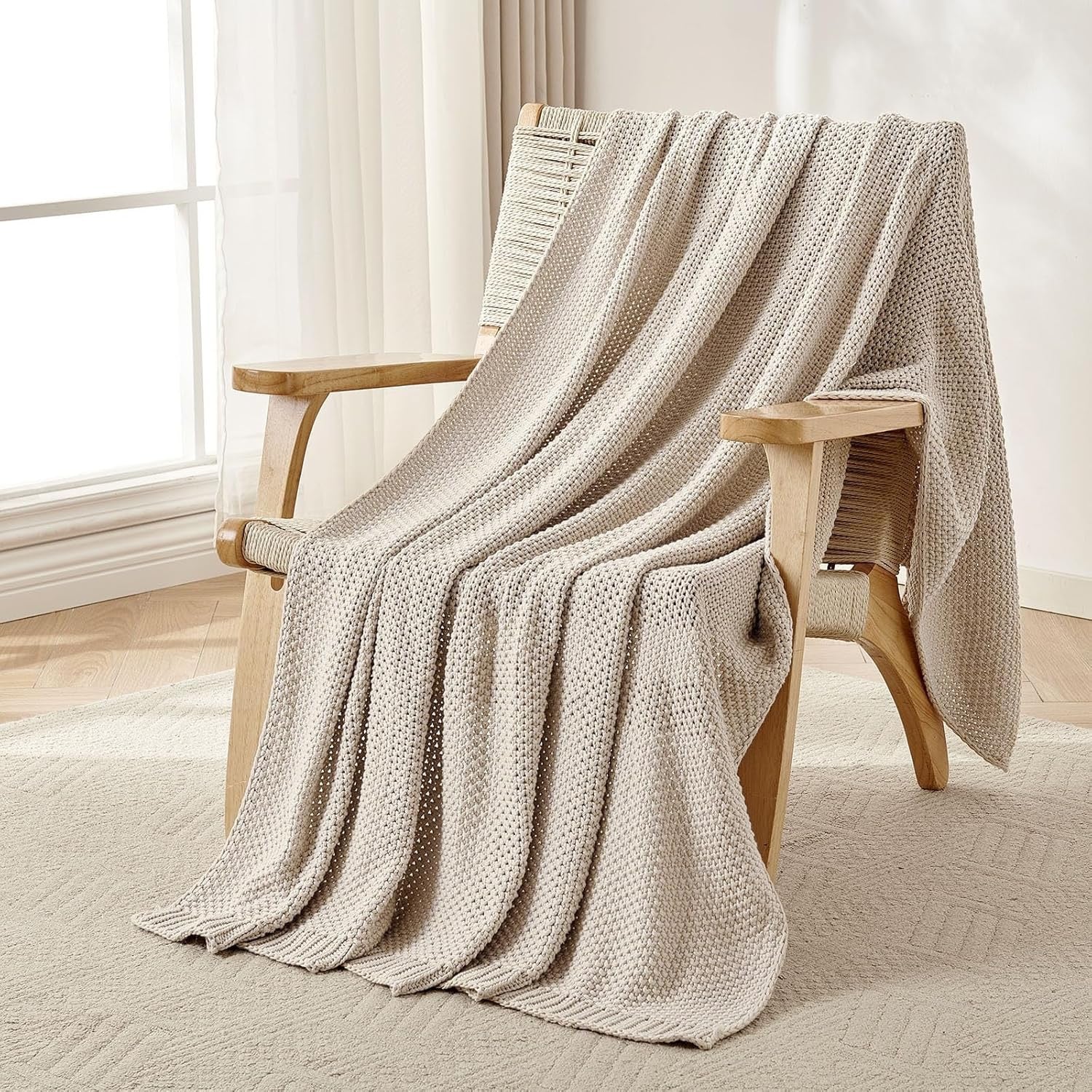 Joydeco Chunky Cable Knit Throw Blanket | Organic Cotton Cozy Knit Blanket (Beige, 51” x 63”)