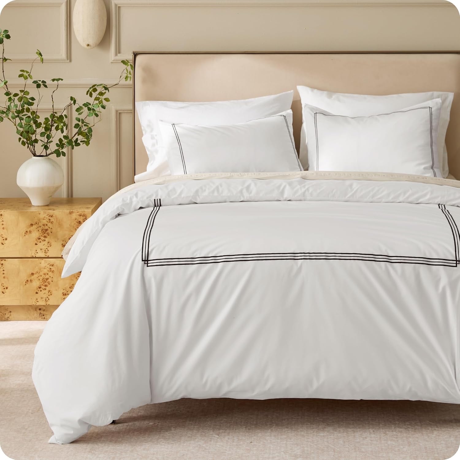 Bedsure Luxury Hotel Cotton Duvet Cover Set | White Frame Embroidery Bedding – Queen