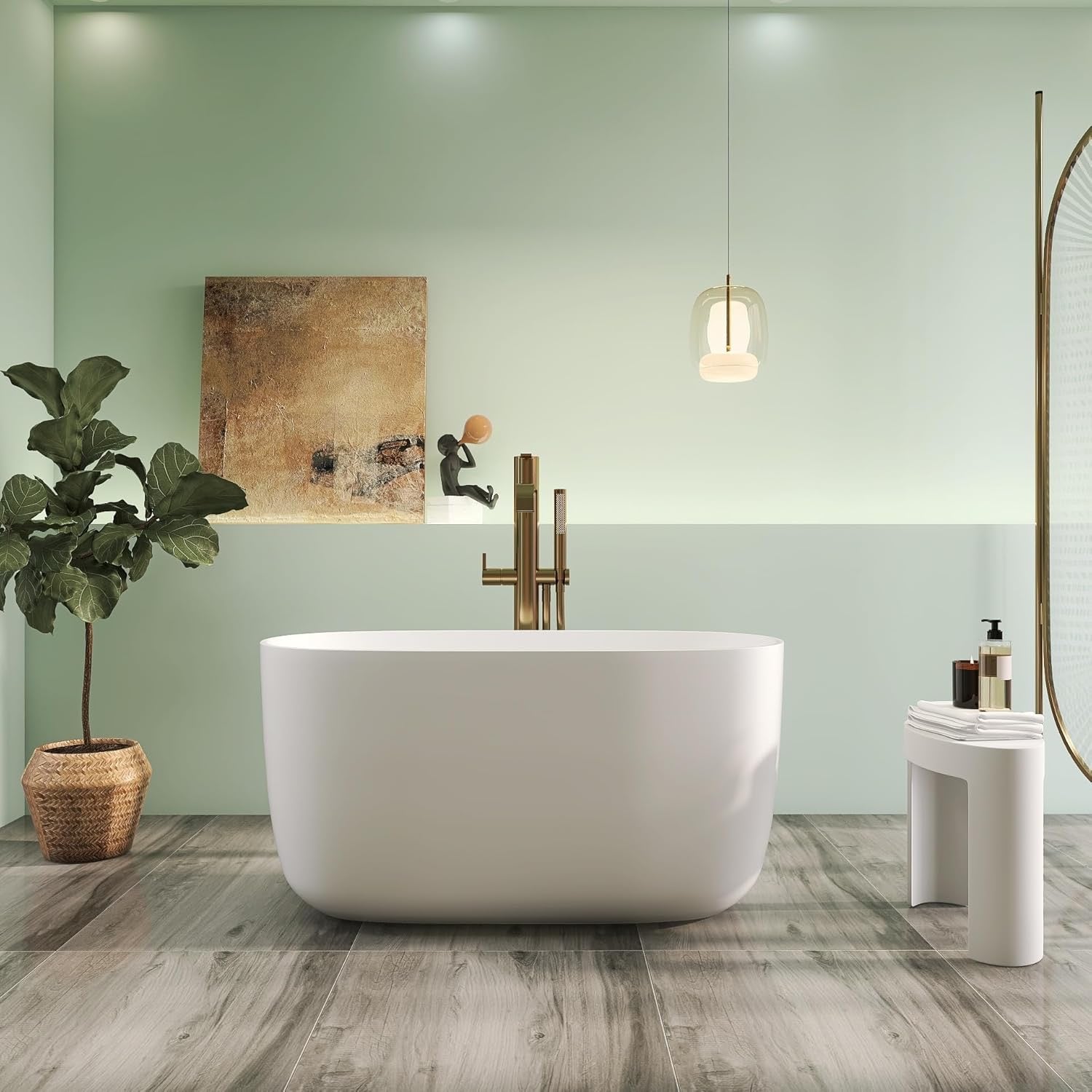 47-Inch Solid Surface Freestanding Bathtub – Matte White Stone Resin Oval Soaking Tub
