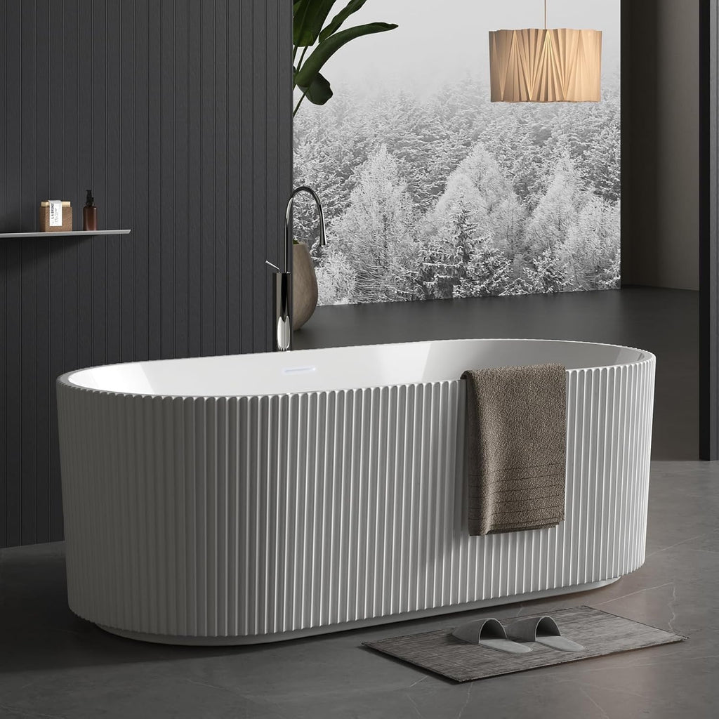Acrylic Freestanding Deep Soaking Bathtub – Contemporary White Stand-Alone Spa Tub