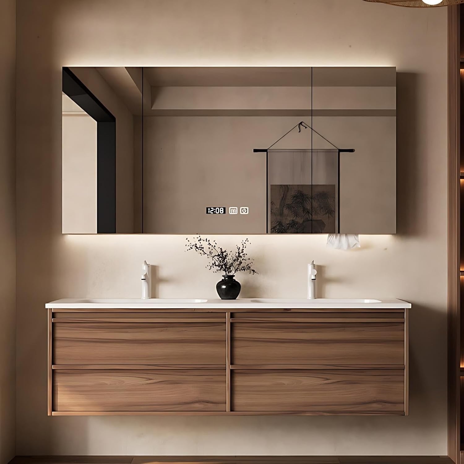Genpai 64" Double Sink Bathroom Vanity with Smart LED Mirror | Corian Countertop | 4 Drawers